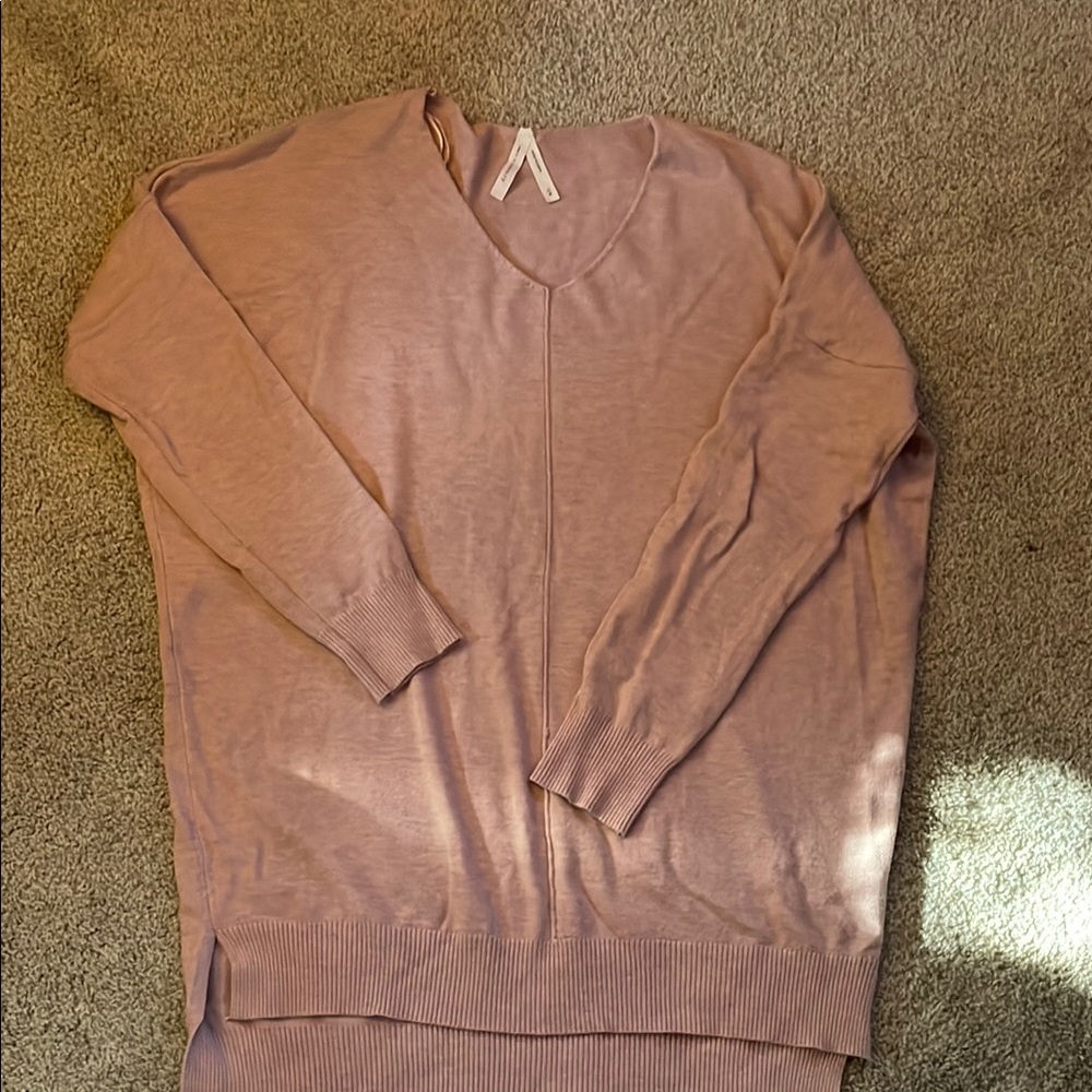 Pink V-Neck Sweater with Ribbed Detailing